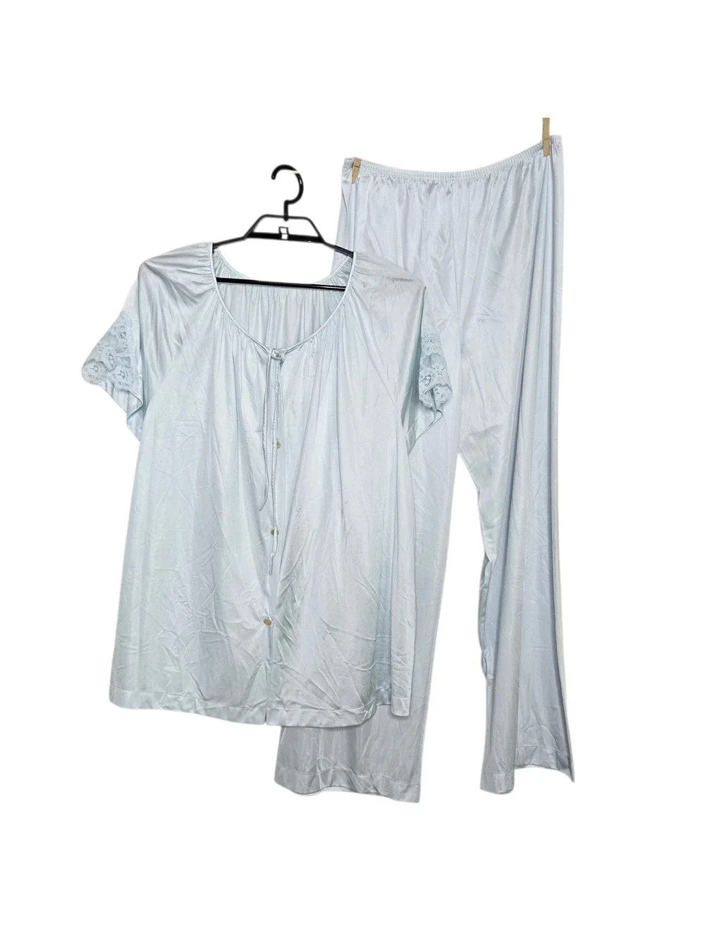 Womens Vintage Lorraine Pajama Set Size 1X Plus Blue Nylon Pants Shirt